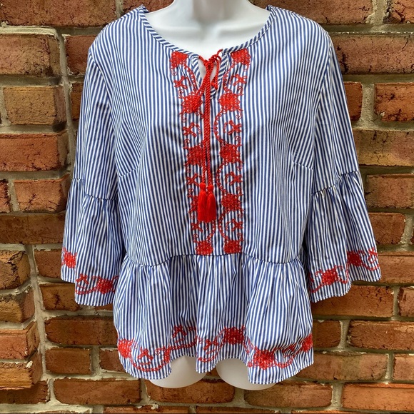 Primark Tops - Primark Blue White Striped Blouse Red Embroidery